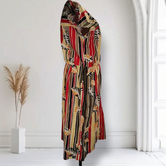 Vintage 80s Dolman Sleeve Midi Dress Size L Striped Leaf Safari Print - Picture 3 of 11